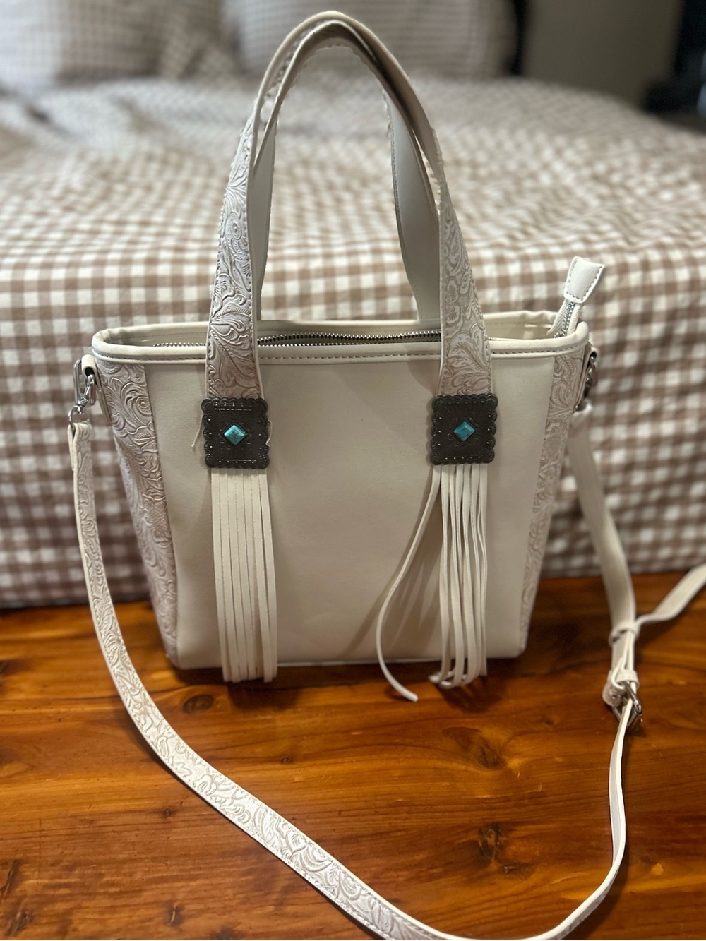 Cream Fringe Tote Bag with Turquoise Accent - Women Bags